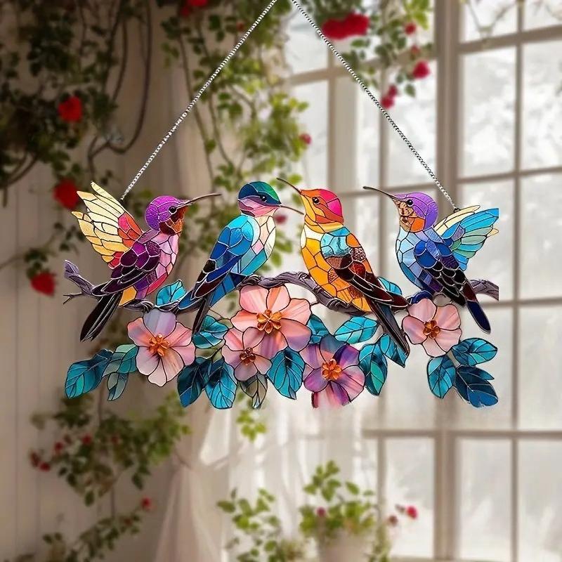 Kreativer Kolibri Buntglas Fenster Hängender Suncatcher Acryl Schilder Dekoration Runde Girlande Dekoration Veranda Dekoration