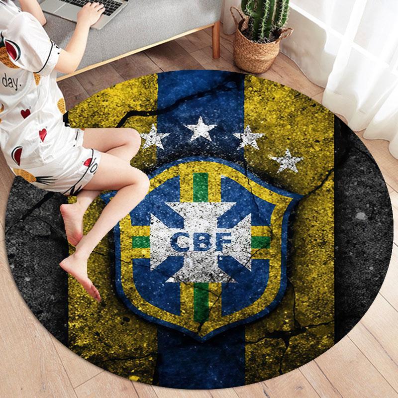 Brazil National Football Team Round Area Rug,Carpet Rug for Living Room Bedroom Sofa Playroom Decor,Non-slip Floor Mat