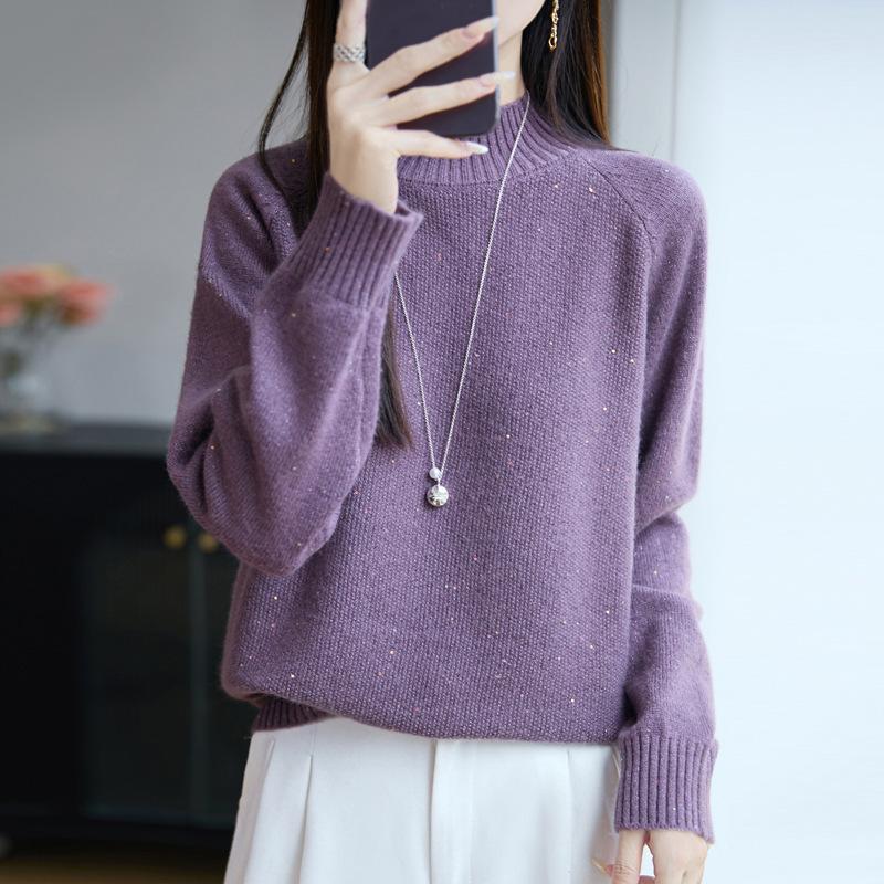Nieuwe Gebreide Trui met Semi-hoge Hals Lange Mouwen Dames Pailletten Losse Pullover Basislaag voor Herfst en Winter