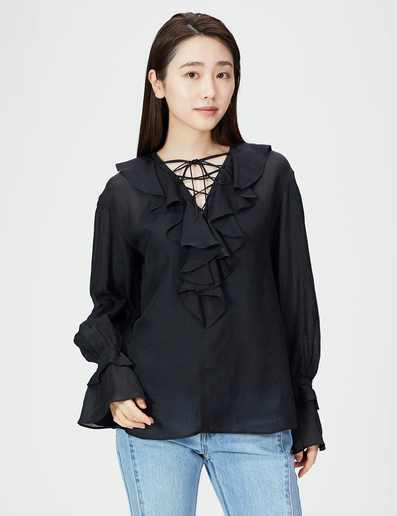 FRAY I.D. Women's Ruffled Frill Lace-Up Blouse FWFB221207, Black/F