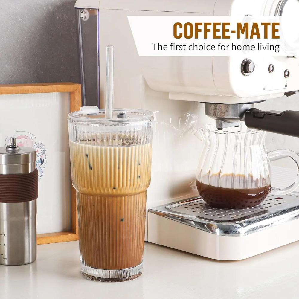 1 PC 610ml Stripe Glass Cup Transparent Glasses With Lid and Straw Ice Coffee Mug Tea Cup Juice Glass Milk Water Cup Drinkware