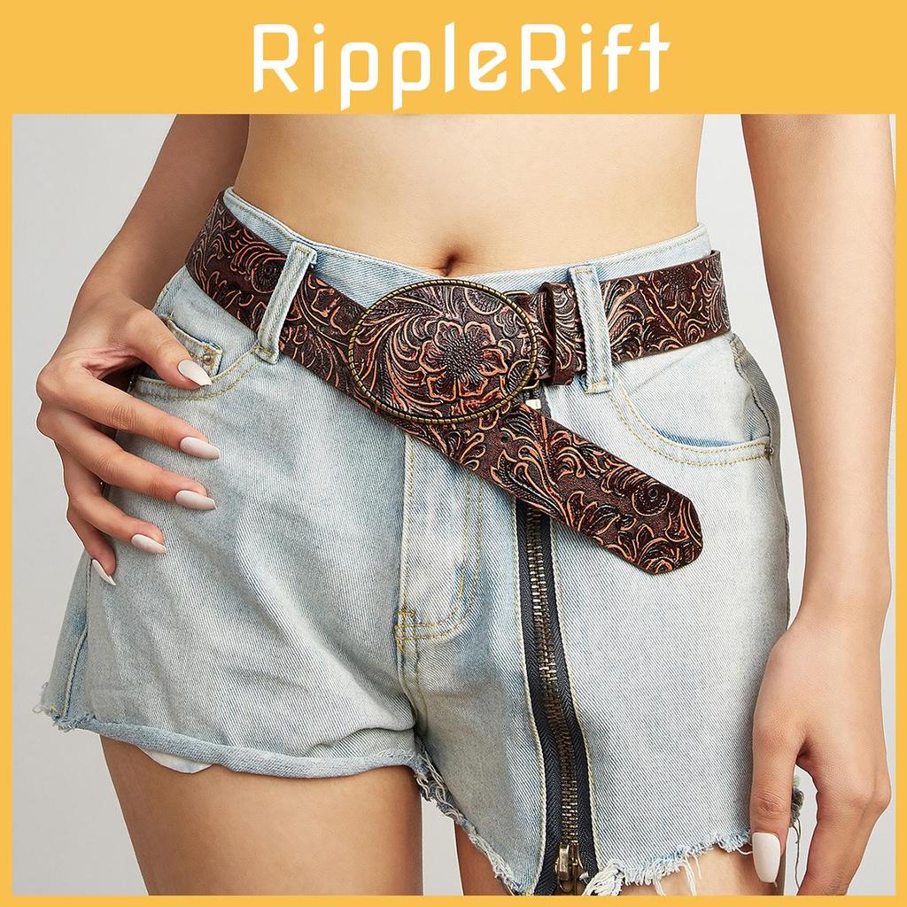 Retro Flower Fashion Pattern Oval Buckle Decoration Women Wide Belt For Daily