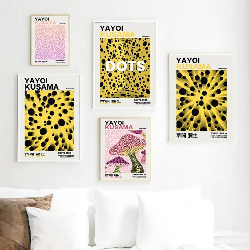 Nordic Retro Abstract Pumpkin Mushroom Flowers Yayoi Kusama Posters Wall Art Canvas Painting Wall Pictures for Living Room Decor
