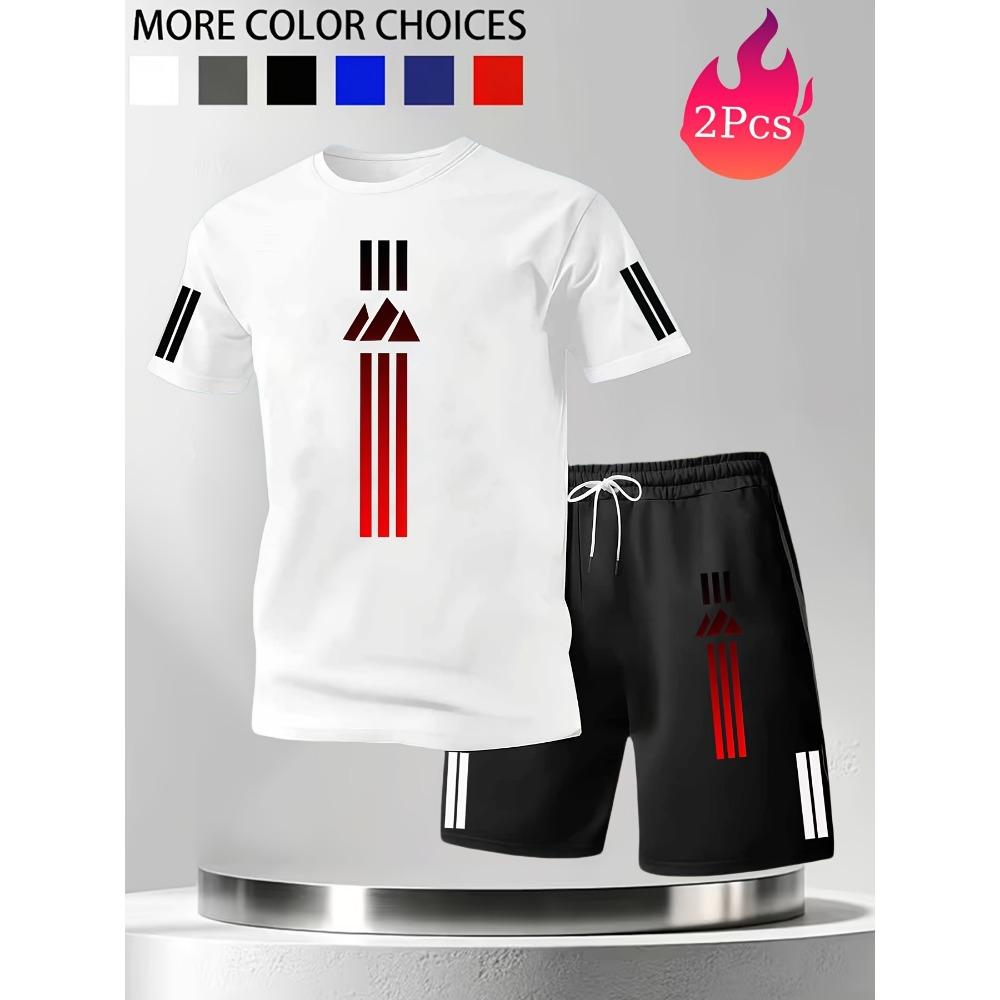 Men's Red Striped Triangle Print Breathable Set  Short Sleeve Shorts Set Summer Casual Sportswear