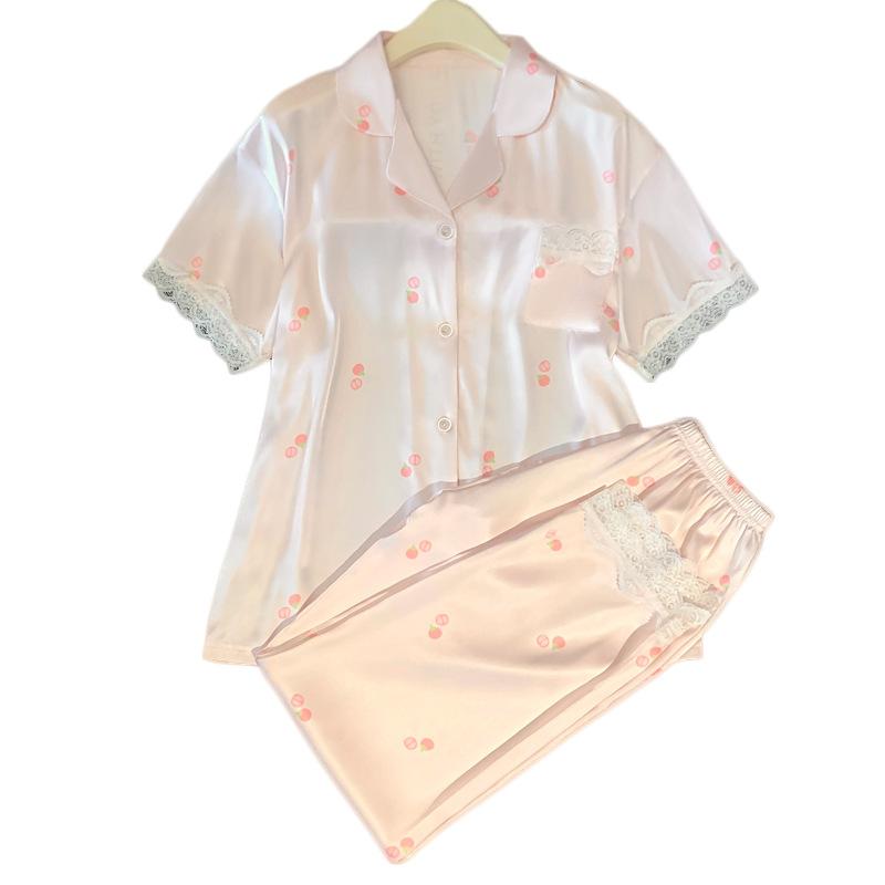 Sweet Little Fruit Ice Silk Pajamas Women'S Summer Short-Sleeved Trousers Lace Princess Wind Pure Desire Loungewear Real Shot