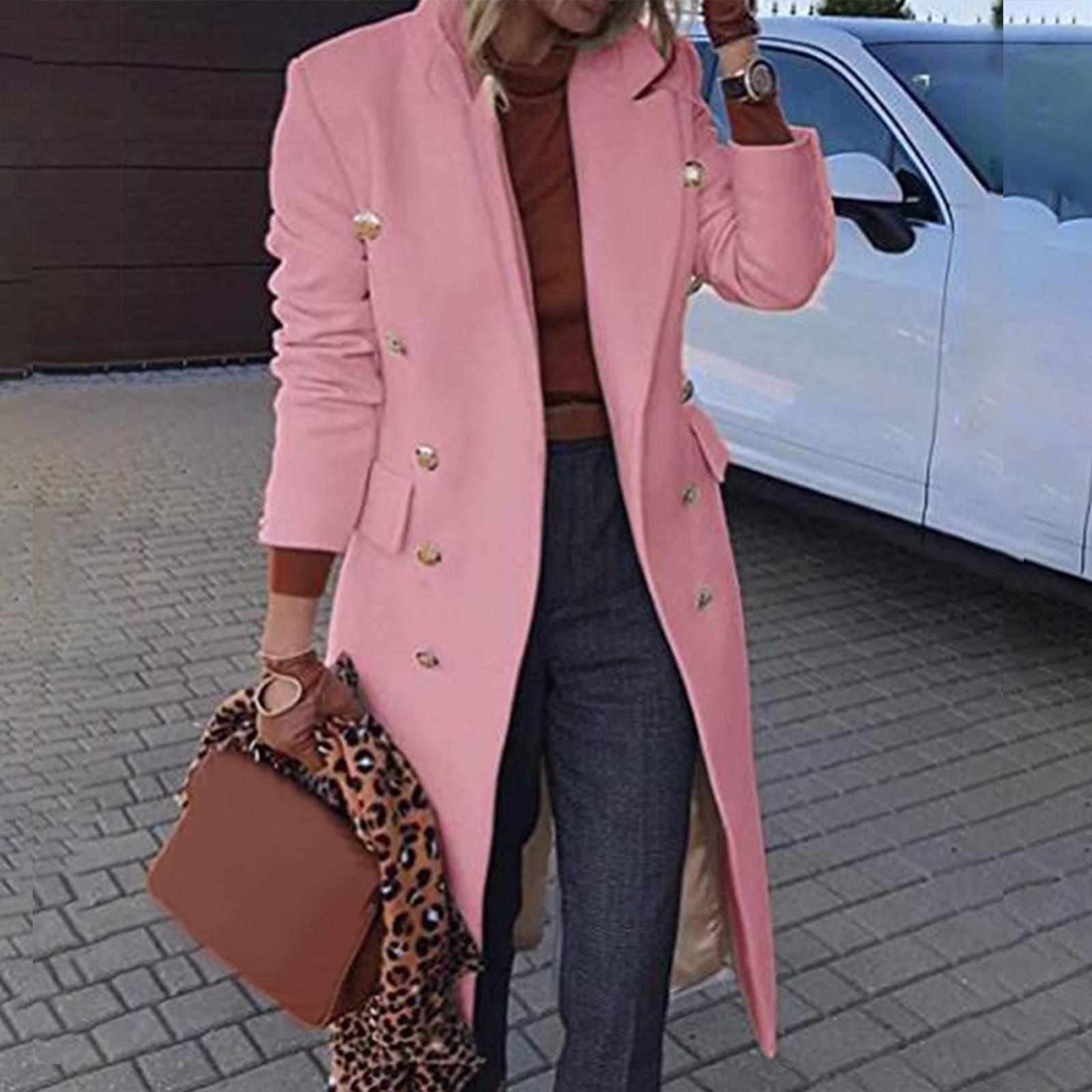 

Жіноче модне нове однотонне вовняне пальто з довгими рукавами та лацканами середнього розміру L рожевий