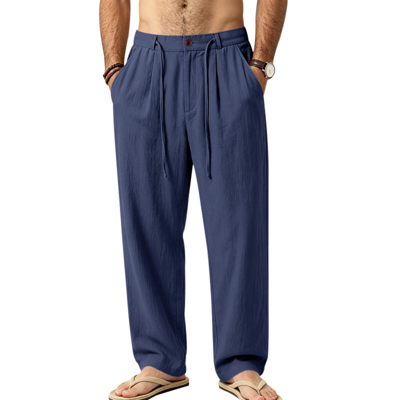 Herren Leinen Lässige Lockere Gerade Hosen für den Alltag XL blue