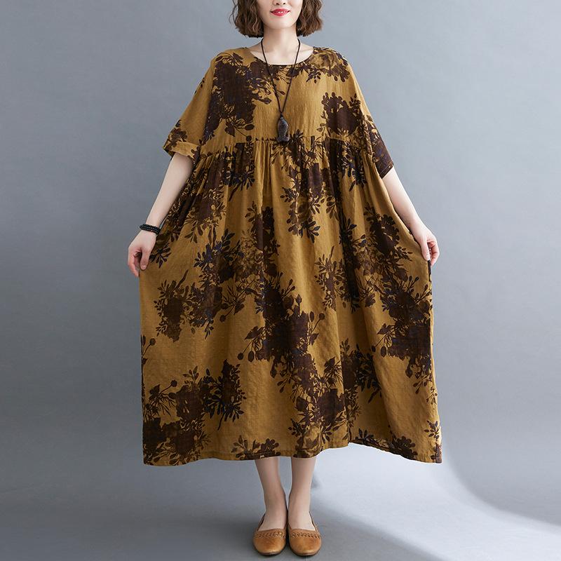 Women's Spring and Summer Thin Round Neck Casual Literary Cotton Linen Printing Short Sleeved Mid Length Dresses