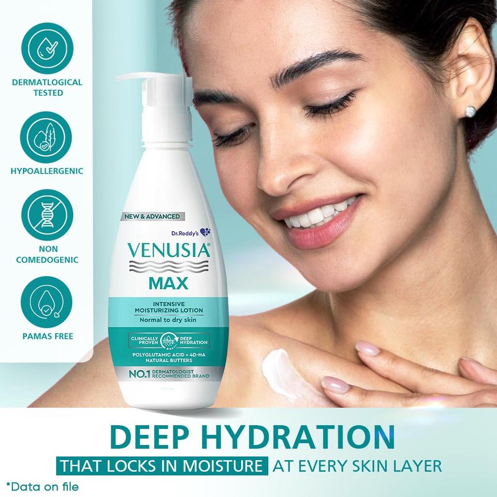 Dr. Reddy's Venusia Max Intensive Moisturizing Lotion for Normal to Dry skin |Body lotion I Advanced formula with 4D Hyaluronic Acid , Cocoa Butter, S