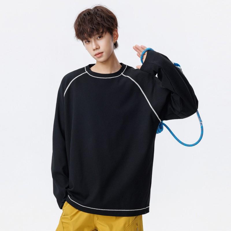 Mens Waffle Knit Long Sleeve T-Shirt Casual Sports Color Block Round Neck Top