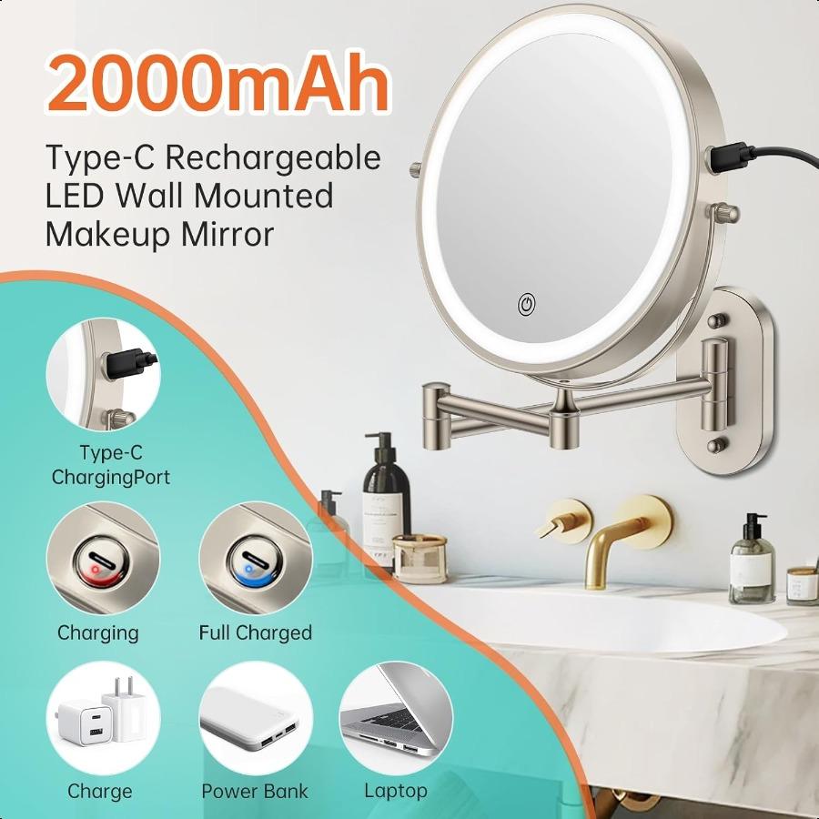 

Перезаряжаемое настенное зеркало для макияжа с подсветкой 8 дюймов двустороннее с 1-кратным и 10-кратным увеличением зеркало для ванной комнаты 3 цвета подсветки T United States