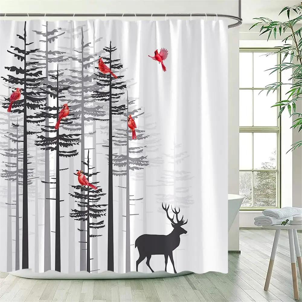 Winter Snowy Forest Shower Curtains Pine Tree Deer Snowflake Xmas Christmas Holiday Rustic Farmhouse Bathroom Decor with Hooks