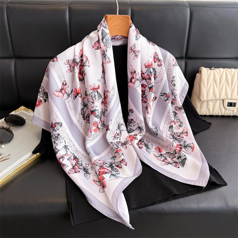 Korean Version of Butterfly Imitation Silk, High-end Large Square Scarf, Silk Scarf, Printed Shawl, Versatile Scarf, Sunscreen Scarf, Headscarf, Scar