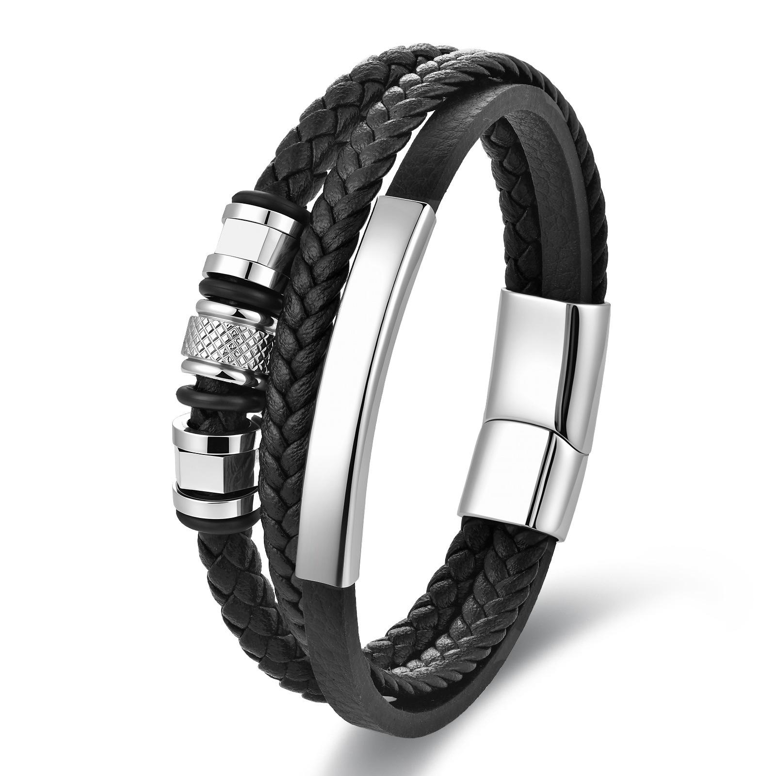 Leather Rope Cowhide Men s Double-layer Bracelet Genuine Leather Woven Bracelet Jewelry Multi-layer Leather Bracelet 2026 21CM
