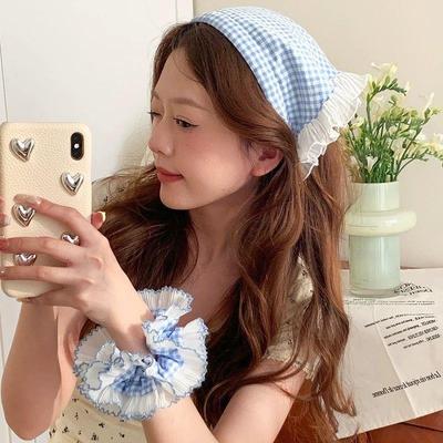 INS Colorful Checkered Triangle Scarf Hair Band White/Blue Bandana Turban Headband For Women Girl Headwarp Hair Accessories
