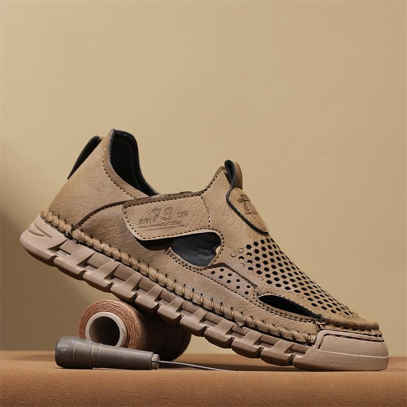Fashion Men's Casual Leather Sandals Lightweight Summer Flats Stylish Beach Shoes Comfortable Hollow Out Loafers Male Magic Glue Sandals