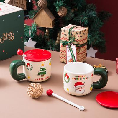 Weihnachten Kreative Keramiktasse Großer Henkel Niedlicher Deckel Löffel Kaffeetasse Geschenkbox Geschenk Wasserbecher