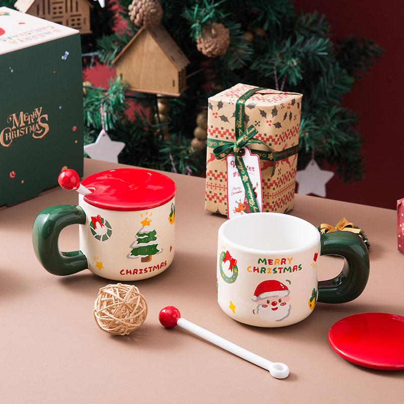 Christmas Creative Ceramic Mug Big Handle Cute Lid Spoon Coffee Mug Gift Box Gift Water Mug