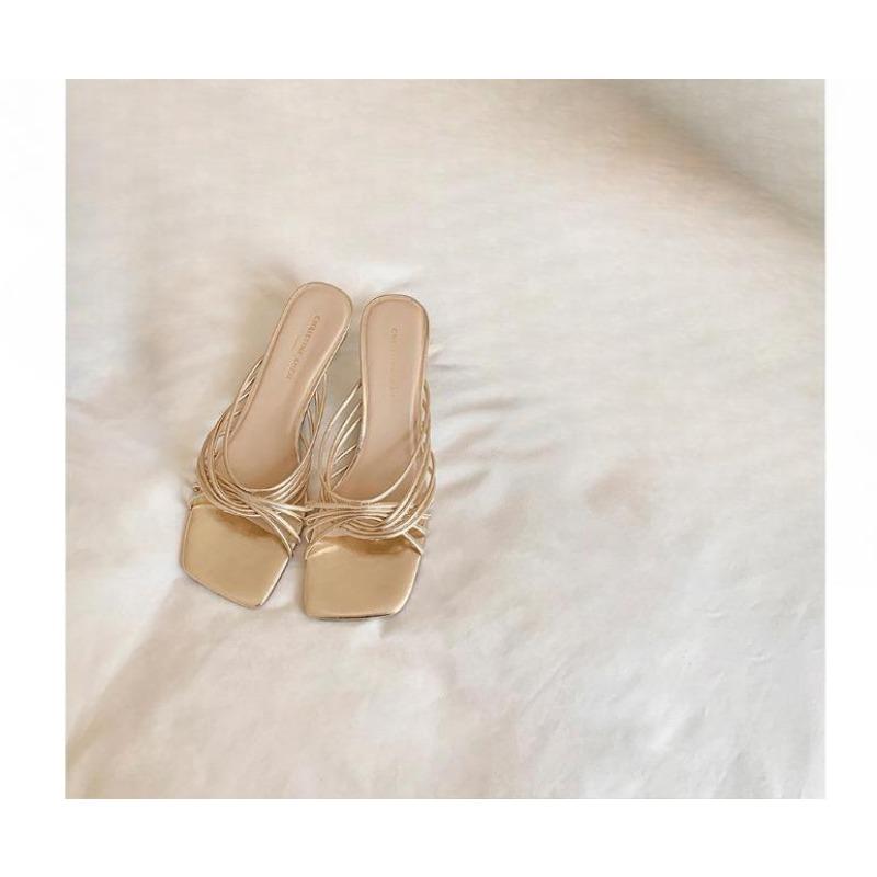 Square-toed Shoes High-heeled Slippers Women's Cross-strap Flip-flops
