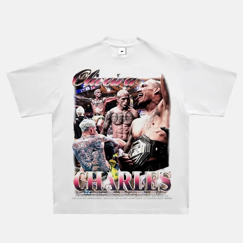 2025 New Fashion 100% Cotton Men T-shirt Fight Y2k Printing Short Sleeve American Retro Small Neckline Fighting Top Retro Top