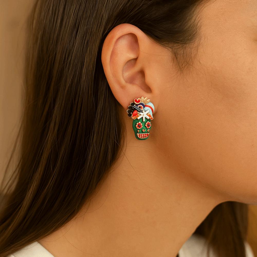 Flower Dripping Oil Skull Earrings Rhinestone Enamel Skeleton Stud Earrings Vintage Earring  Autumn