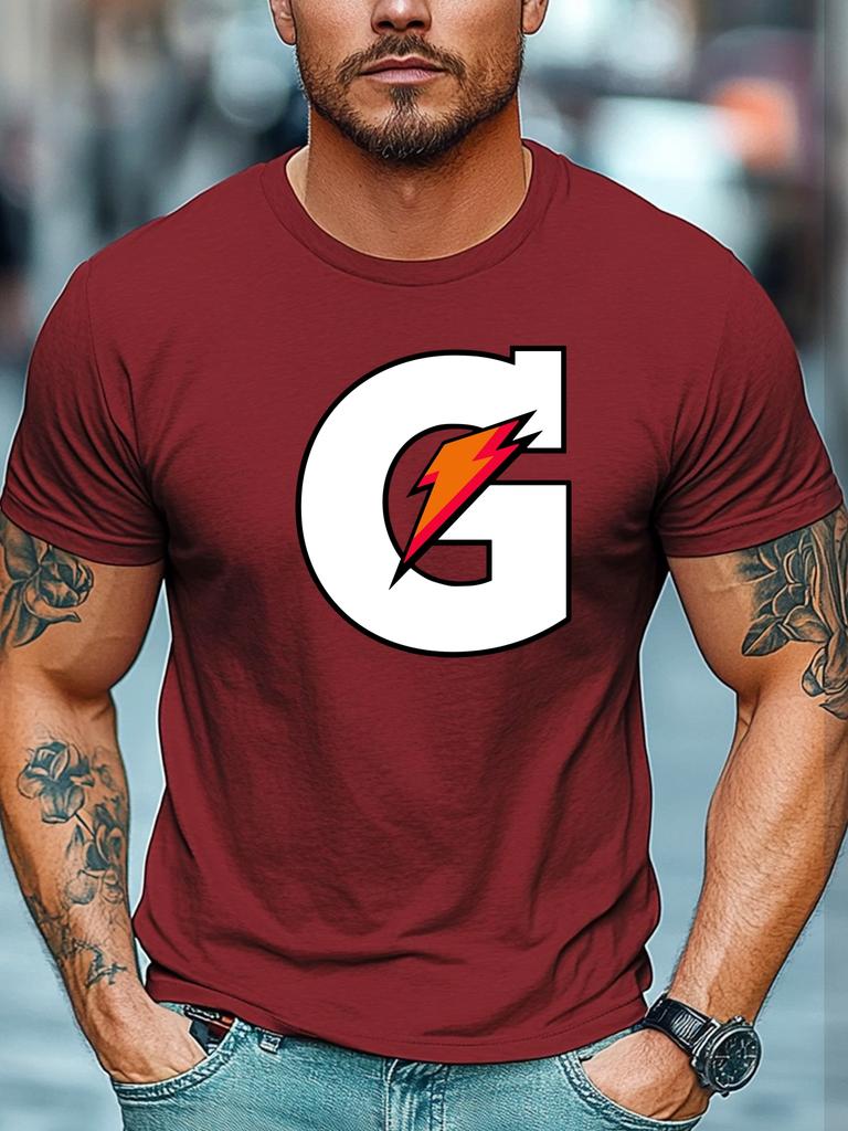 Mens Summer Sport TShirt Letter G Lightning Print Short Sleeve Round Neck Breathable Oversized Dynamic Daily Wear