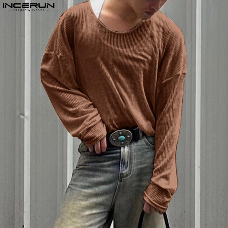 INCERUN Men Scoop Neck Long Sleeve Texture Flimsy Rib Casual Loose T-shirts Tops Undershirts