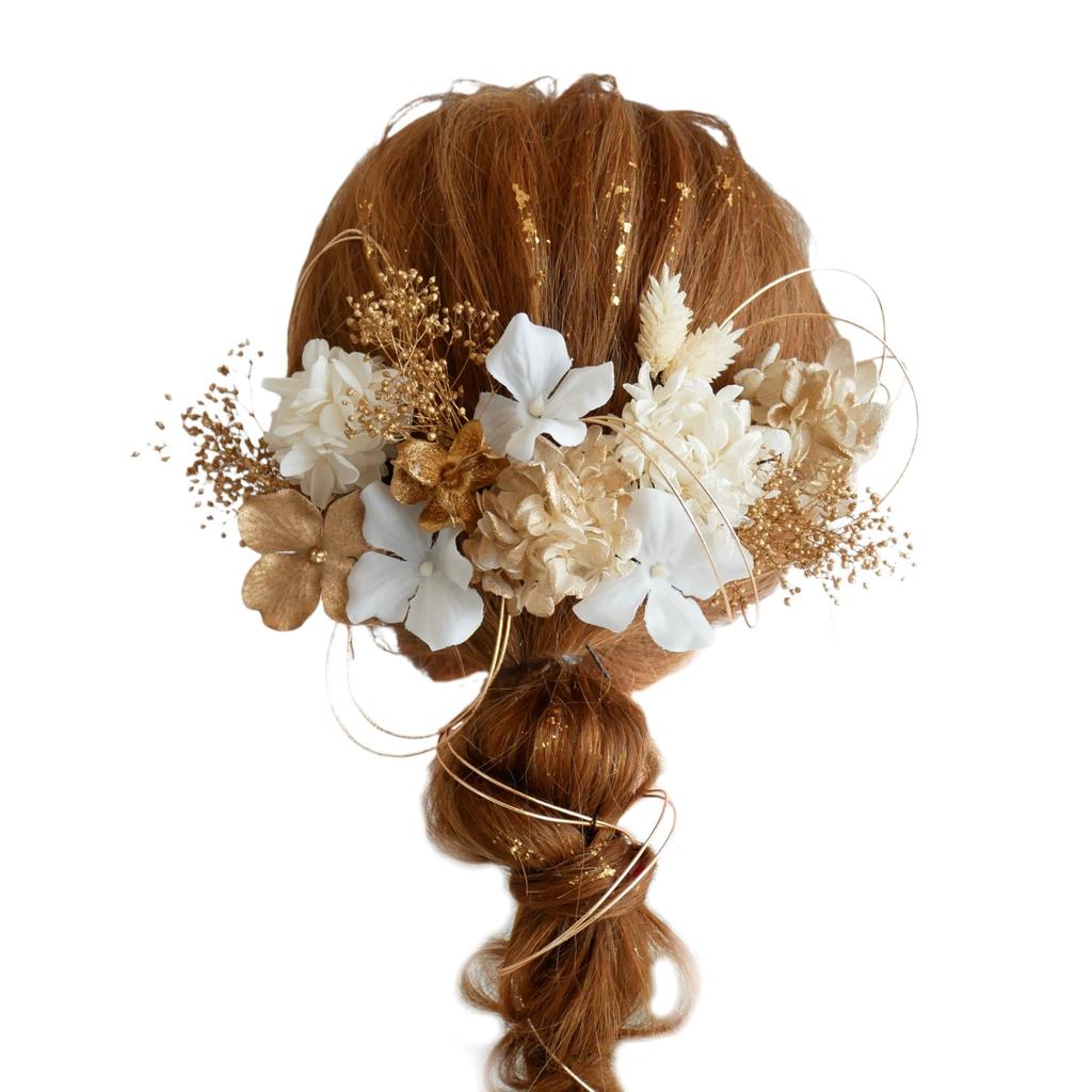 Dried and Preserved Flower Hair Ornament with Gold Leaf and Small Flowers for and Other Kimono [Bria] (white Gold) Coming-of-age Ceremonies,