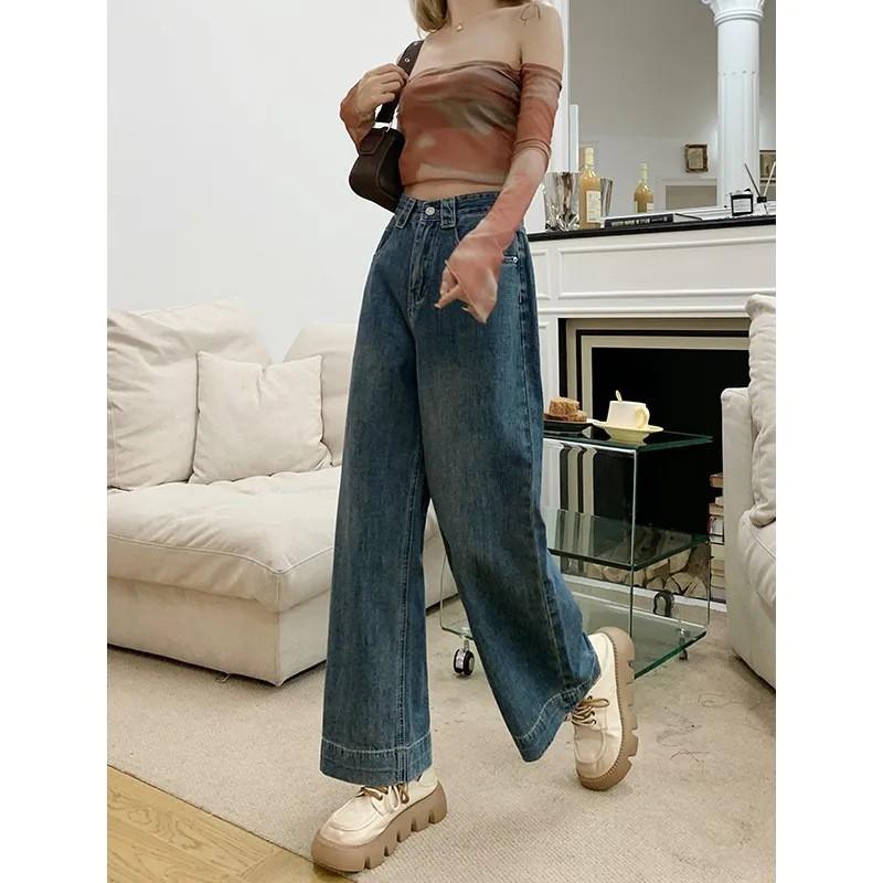 High Waist Wide Leg Denim Pants Women Fall Loose Straight Cut Cropped Jeans With Stretch