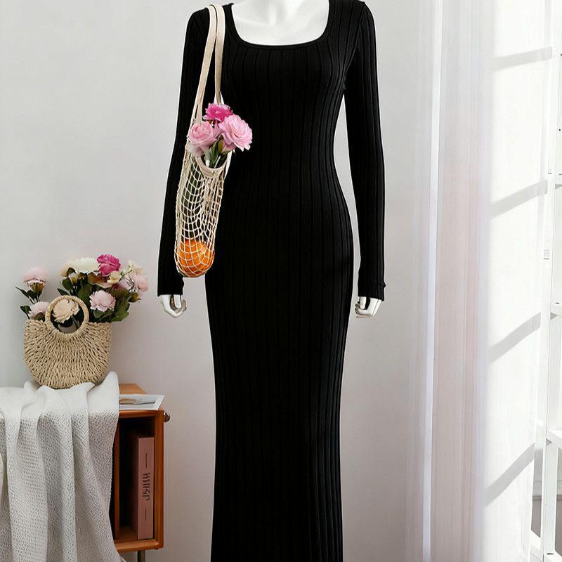 European & American Square Neck Long Sleeve Black Dress for Spring/Summer