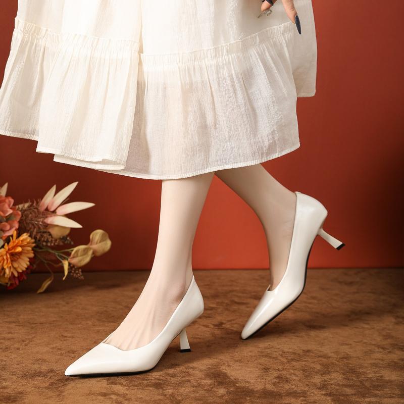 Women's Pointed Toe High Heels French Style Chunky Heel Spring White Shoes Comfortable Elegant Slip-On