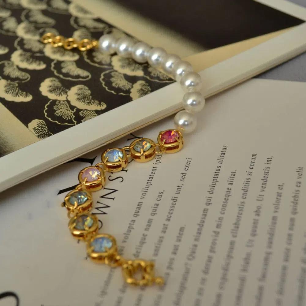 Beaded Pearl Rhinestone Necklace Luxury Women Jewelry Elegant Rainbow Zircon Bracelet  Lady