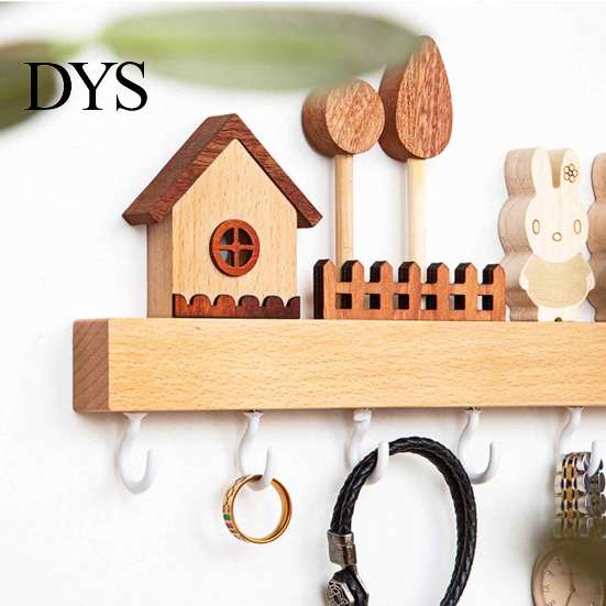 No Drill Key Hook Wooden Holder with 6 Hooks, Decorative Entryway Organizer Natural Wood Coat Rack Rack, Easy Wall Mount Installation Hanger for Home