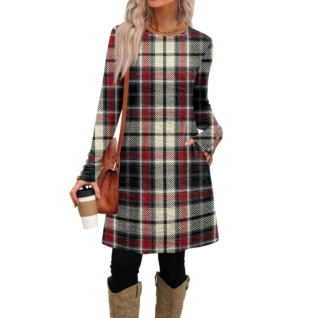 Abito Casual da Donna alla Moda con Tasche, Bottoni Decorativi, Scollo Rotondo e Maniche Lunghe