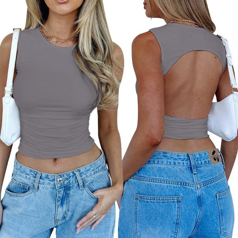 

Женский новый сексуальный жилет с открытой спиной, короткий плиссированный летний модный топ без рукавов S серый