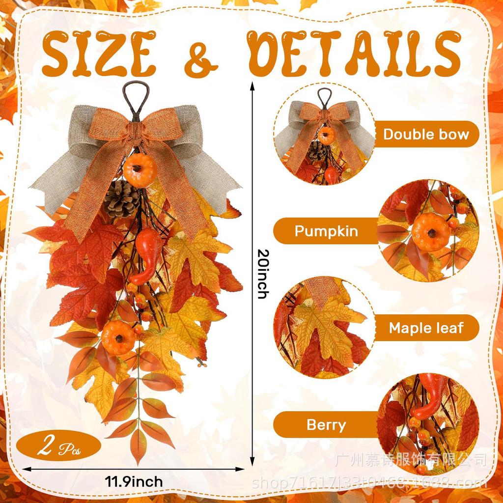 Artificial Maple Leaf Swag with Pumpkins Pinecones Berries and Bow for Autumn Harvest Thanksgiving Home Wall Door Hanging Decoration