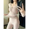 Lace V-neck thermal underwear set for women with chest pads, heating and belly protection, slim and thin bottom long johns top