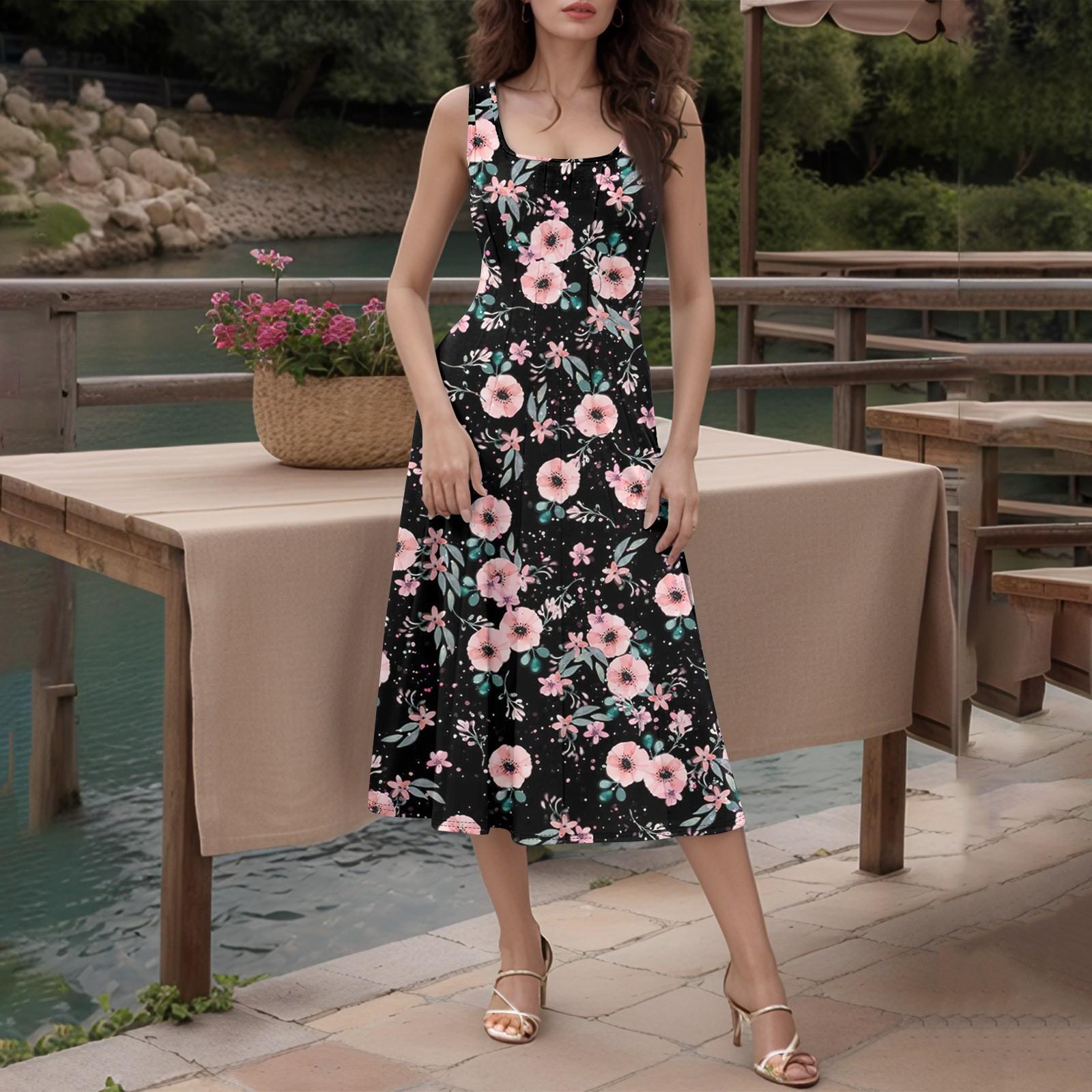 

Жіноча повсякденна модна суцільна сукня міді без рукавів із круглим вирізом і бічними кишенями M