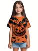 T-Shirt for Girls Halloween Cartoon Pumpkin Print Round Neck Short Sleeve Tops Fashion Girls Clothes Holiday Children's Clothing
