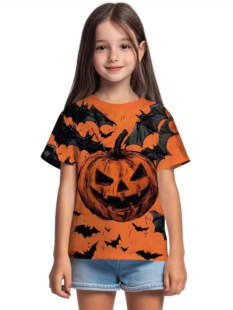 T-Shirt for Girls Halloween Cartoon Pumpkin Print Round Neck Short Sleeve Tops Fashion Girls Clothes Holiday Children's Clothing