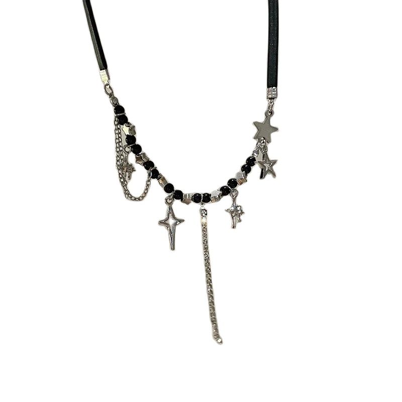 Punk Star Pentagram Necklace for Women Fashion Inlaid Rhinestone Tassels Choker Black Rope Necklace Y2K Style Accessories Gifts