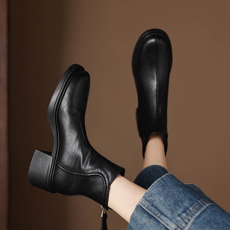 Krazing Pot Cow Skin Round Toe Thick Heels Chelsea Boots Size 42 Back Zip Women Keep Warm Ankle Boots