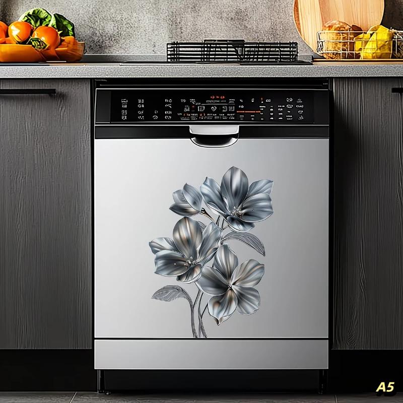 Silvery Floral Decal Kitchen Fridge Dishwasher Sticker Self-Adhesive Removable Wall Decals Home Decor