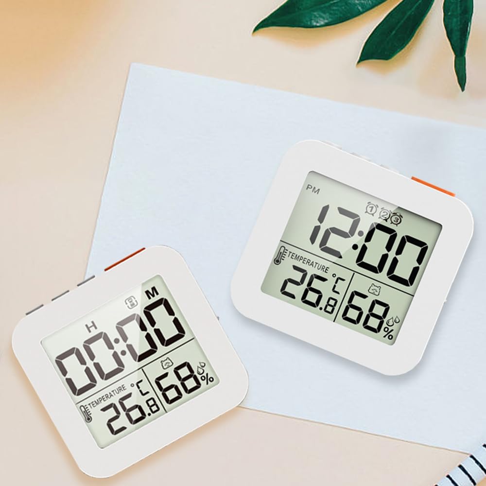 LCD Temperature and Humidity Clock with 3 Alarms, Multifunctional Alarm Clock, Wake-up Assistant for Children and Students, Digital Shower Clock with