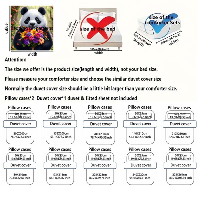 Cute Panda Holding Flowers Cartoon Duvet Cover Set With 3D Printing Design Soft Polyester Bedding Set All-Season Comfort