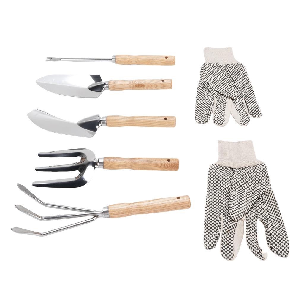 Garden Tools Wooden Handle Stainless Steel Shovel Trowel Weed Puller Hand Fork Rake with Canvas Gloves for Growing