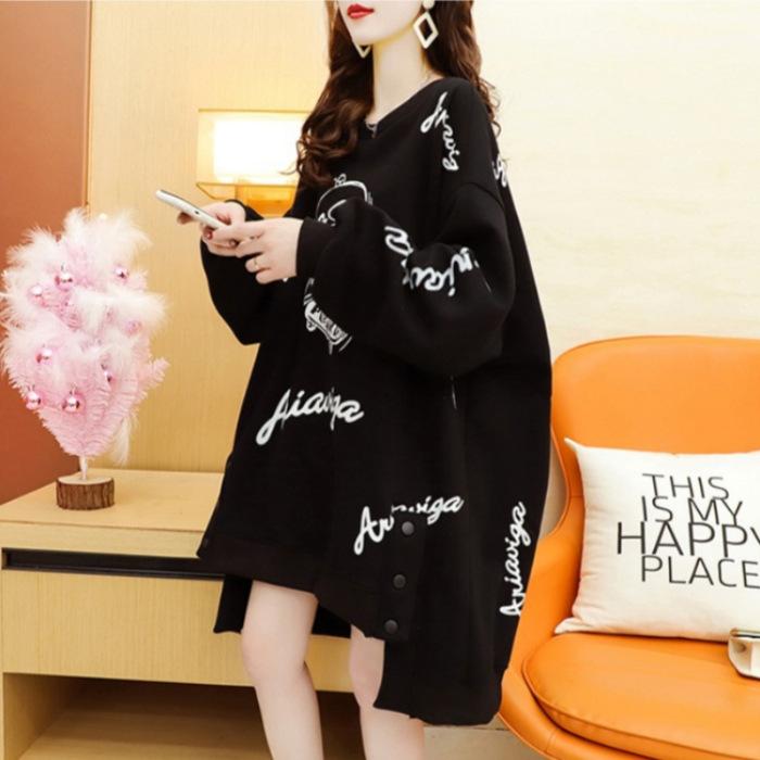 Spring Autumn Harajuku Printed Sweatshirts Women Round Neck Long Sleeve Mid-length Pullovers Korean Button Asymmetrical Tops