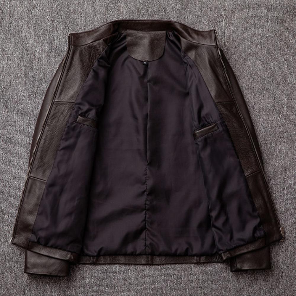 Men's Genuine Leather First Layer Cowhide Stand-up Collar Slim Pure Leather Jacket Simple Dark Brown Coat