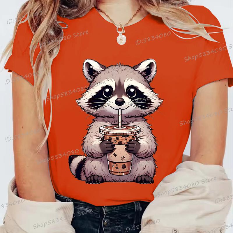 Summer Round Neck 3D Raccoon Pattern Print Top Fashionable Casual Short Sleeved Women's T-shirts