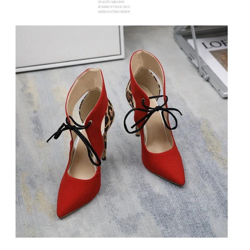 Fashion Pointed Toe Front Lace-Up Womens Sandals Leopard/Red Mixed Colors Hollow Cover Heeled Thin High Heel Party Shoes Sandalias